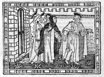 Saint Pierre conduit par la main Savonarole - dans "Compendium of Revelatione", incunable du 23/4/1496