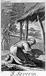 Saint Séverin, évangélisateur du Norique (Autriche actuelle), lisant. Gravure du 17ème siècle