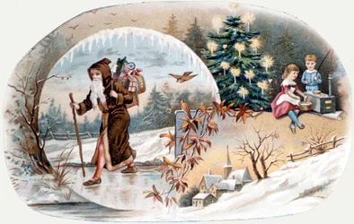 Le Père Noël apporte des cadeaux aux enfants. Chromolithographie de la fin du 19ème siècle