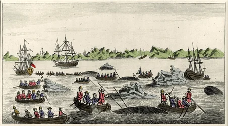 Scène de pêche à la baleine au Groenland au 18ème siècle, estampe populaire anonyme de l