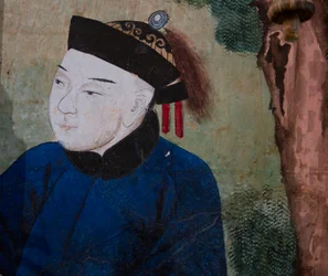 Scènes de la vie quotidienne en Chine, détail du papier peint chinois, cabinet chinois, résidence de chasse, par Filippo Juvarra, Stupinigi, Piémont, Italie