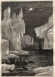 Deuxième voyage (1772-1775) du capitaine James Cook (1728-1779) : les îles de glace (iceberg), traversées sur le chemin du cap de la circoncision (île Bouvet, Antarctique) - illustration tirée de "Les grands marins du XVIIIe siècle"