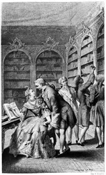 Scène de séduction dans une bibliothèque au 18ème siècle