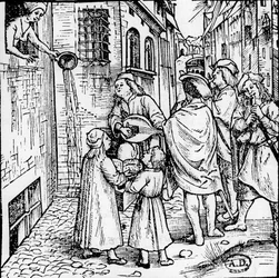 Sérénade estudiantine (musiciens), Bâle, vers 1500 - gravure, Bibl.