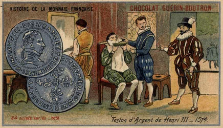 Série Histoire de la Monnaie Française publiée par Chocolat Guérin Boutron. Chromolithographie du 19ème siècle. Teston d