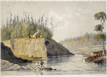 Colons au Canada pêchant dans une rivière - dans "Sketches on the nipisaguit a river of New Brunswick in America" de William Hickman, éd. Halifax