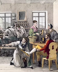 Atelier de cordonnier (Un homme prend la mesure de son pied)