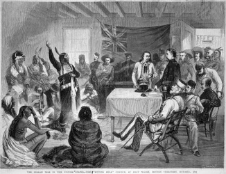 Sitting Bull et Buffalo Bill : Conseil de Sitting Bull à Fort Walsh, Territoire britannique, pendant la guerre avec les Indiens, octobre 1877