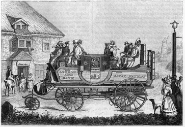 Voiture à vapeur de Gurney expérimentée à Londres en 1827.