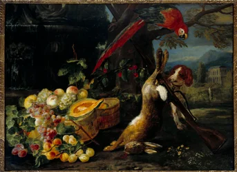 Nature morte de gibier, perroquet et fruits