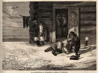 Sanctification du dimanche avec de la liqueur de cumin, ouvriers de Dorpat. Dessin de Henriet, pour illustrer son voyage dans les provinces baltes russes en 1851-54. Gravure dans « Le tour du monde », édité par Edouard Charton