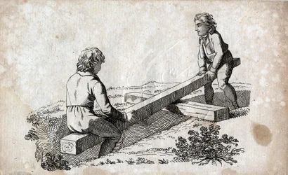 Balançoire : deux enfants sur une bascule. Gravure de la fin du XVIIIe siècle. Collection privée.