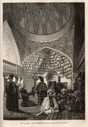 Tatars en prière, dans la mosquée de Schusha (Transcaucasie, Russie). Gravure pour illustrer le voyage dans les provinces du Caucase, par Basile Vereschaguine, en 1864-1865, publié dans « le tour du monde », sous la direction d