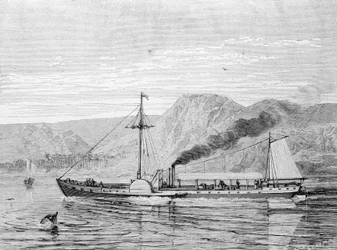 Le Clermont, un bateau construit en 1807 par Robert Fulton pour assurer la liaison New York - Albany sur le fleuve Hudson. Gravure du 19ème siècle