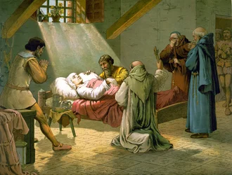 La Mort de Christophe Colomb 20/05/1506. Gravure en couleur du 19e siècle.