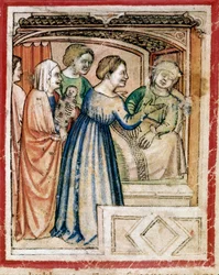 La mort de Rachel en couches. Miniature du codex 212 (ou padovano ou Bible de Padoue) 1390-1400