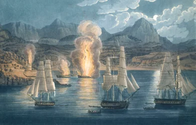 Les Anglais détruisant des navires français dans la baie de Sagone, Corse, le 30 avril 1811