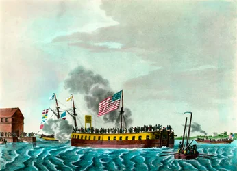 La frégate à vapeur Fulton « Manœuvrant dans le port de New York aux États-Unis » Gravure vers 1807 Collection privée