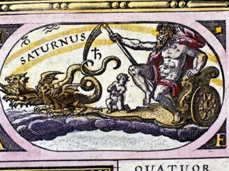 Le dieu Saturne (Cronos) sur un char tiré par deux dragons.