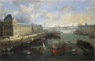 La Grande Galerie du Louvre, le Pont-Neuf, la Cité, le Collège des Quatre-Nations, vers 1670 sur la Seine, la galère royale, entre 1670 et 1685