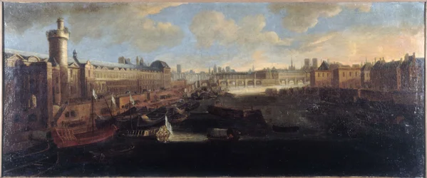 La Grande Galerie du Louvre, avec la Porte Neuve, le Pont-Neuf, la Cité, le Collège des Quatres-Nations en construction et le Quai Malaquais, vers 1665, sur la Seine la galère royale, 1er et 6e arrondissements actuels, entre 1660 et
