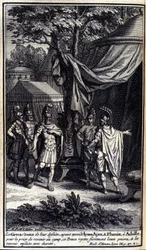 Les Grecs, étonnés de leur défaite, envoient Ulysse, Ajax et Phénix à Achille pour le prier de revenir au camp. Ce prince rejette fièrement leurs prières et les renvoie durement. Illustration du livre IX de l
