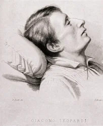 Le poète italien Giacomo Leopardi (1798-1837) sur son lit de mort. Gravure du 19ème siècle