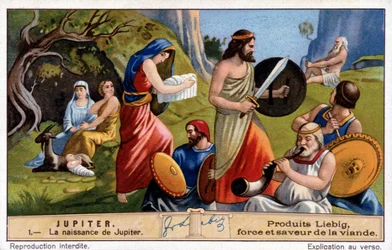 La naissance de Jupiter, Rhéa le cache en secret et donne une pierre enveloppée de lin au Titan Saturne - chromolithographie Liebig