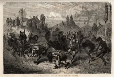 La danse du bison exécutée par les guerriers des Indiens Mandans (ou noumah ka kie : faisans) sur la rive gauche du Missouri. Gravure pour illustrer une excursion parmi les tribus indiennes des bassins de la Colombie et du Haut-Missouri, par G. Catlin, 185