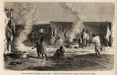 Les bouchers au marché de Yamina (Niger), avec des piquets équipés de crochets pour suspendre la viande, ainsi que des fours dans lesquels la viande peut être cuite directement, abattue selon les rites musulmans. Gravure pour illustrer le voyage au Soudan 