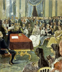 Le mariage civil du prince de Naples - devenu Victor-Emmanuel III (Victor Emmanuel) (Vittorio Emanuele) - avec la princesse Hélène de Monténégro au palais du Quirinal en 1896. Au centre, on peut voir Humbert Ier (Umberto) à gauche de la mariée.