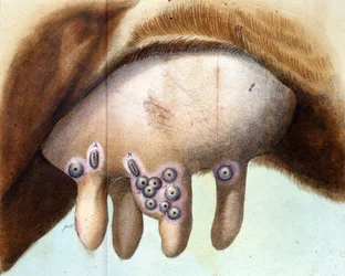 La mamelle de la vache utilisée par Luigi Sacco (1769-1836) pour inoculer le vaccin contre la variole en janvier 1801. Planche médicale tirée du « Traité de la vaccination » de Luigi Sacco, Milan.