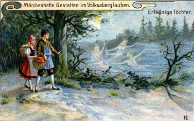 Les filles du roi des elfes. Personnage merveilleux de la mythologie allemande. Chromolithographie du XIXe siècle.