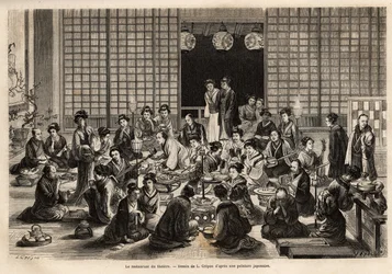 La salle à manger du théâtre de Yokohama est en permanence remplie, même pendant la représentation. Gravure pour illustrer le voyage au Japon, par Aimé Humbert, ministre de la Confédération suisse, en 1863-1864, publié dans "Le tour du monde", sous la dire