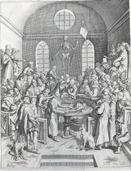 La dissection Groupe de médecins et de scientifiques réunis pour suivre une dissection dans un amphithéâtre. Gravure de 1788