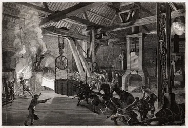 Le marteau-pilon à la forge des grandes œuvres; la pièce énorme à forger sort du four éblouissant les hommes qui manœuvrent pour la placer sous le marteau. Gravure pour illustrer un voyage au Creusot et aux mines de Saône-et-Loire, en 1865, par L. Simonin