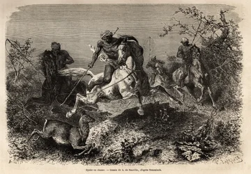 Les Dayaks (indigènes de Bornéo) chassant, à cheval et avec des lassos. Gravure pour illustrer le voyage dans l
