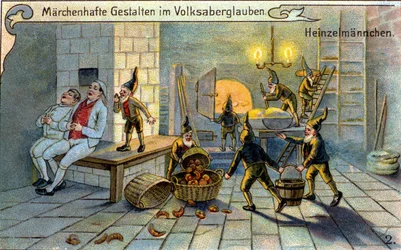 Les elfes, personnages merveilleux de la tradition populaire : ils préparent du pain pendant que les boulangers dorment. Chromolithographie du 19ème siècle.
