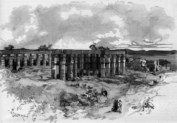 Les fouilles de Louxor en Égypte, dirigées par Gaston Maspero (1846-1916) égyptologue français. Gravure dans "Le Monde Illustré" 1885