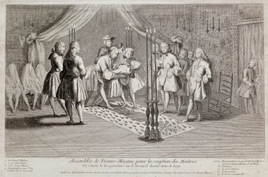 Les premiers et seconds surveillants posent le récipiendaire sur le cercueil dessiné dans la loge. Le Grand Maître se tient derrière eux avec un maillet. Les trois hommes couverts d