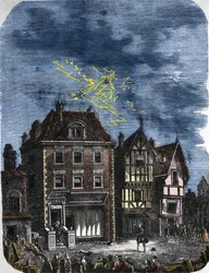 Le premier paratonnerre établi par Benjamin Franklin sur une maison à Philadelphie (USA). 1760
