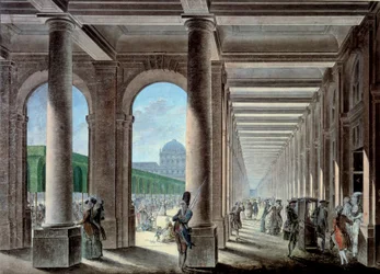 Les galeries et jardins du Palais Royal. Lithographie du XVIIIe siècle. Paris, B.N.