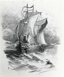 La légende du vaisseau fantôme ou du Hollandais volant : un commandant néerlandais voulant tenter le destin aurait été condamné à errer éternellement sur son navire, apportant le malheur aux navires croisant sa route. Gravure du XIXe siècle.