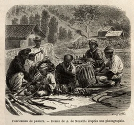 La fabrication de paniers en feuilles de palmier, pour la collecte du café. Gravure pour illustrer le voyage au Brésil, récit par M. et Mme Agassiz, en 1865-1866, publié dans "Le tour du monde, nouveau journal des voyages", sous la direction d