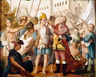 La rencontre entre Hernan Cortes et le roi aztèque Montezuma