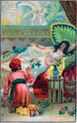 Le prince et la princesse. Conte "Histoire du cheval enchanté" dans "Les mille et une nuits". Chromolithographie de la fin du XIXe siècle.