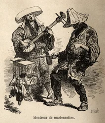 Spectacle de marionnettes et musicien accompagnateur pour divertissement de rue. Gravure pour illustrer le voyage au Japon, par Aimé Humbert, ministre de la Confédération suisse, en 1863-1864, publié dans « Le tour du monde », sous la direction de Edouard 