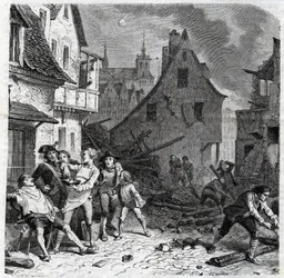 Le plat à barbe de Lille. Un épisode du siège de Lille en 1792 pendant les guerres révolutionnaires françaises - Le siège de Lille en octobre 1792 - Révolution française - Bombardement par les Autrichiens et les Prussiens - Le barbier utilise une demi-bomb