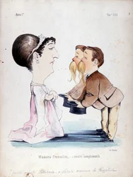 Les frères jumeaux Pelliccia reçoivent Erminia Frezzolini, la soprano italienne (1818-1884). Caricature du 19ème siècle