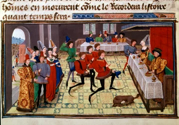 Le banquet de mariage de Clarisse, fille du roi Yvon de Gascogne et de Renaud Miniature du manuscrit "Renaud de Montauban" ou "Les quatre fils Aymon" par Loyset Liedet (actif entre 1448 et 1478). Ms. 5073. 15ème siècle Bibliothèque